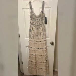 Aidan Mattox Cream and Silver Embellished Maxi Dress